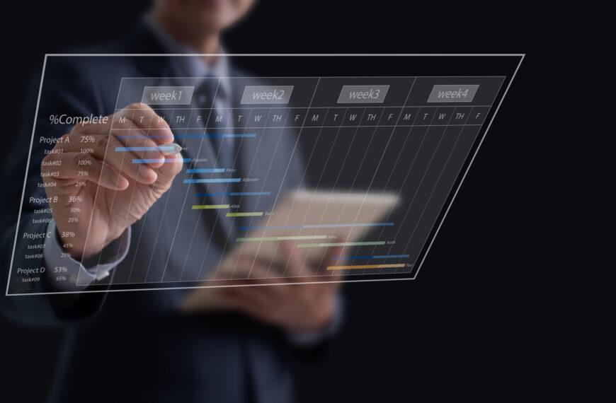 Project manager updating tasks and milestones progress planning with Gantt chart scheduling interface on a virtual screen, business background