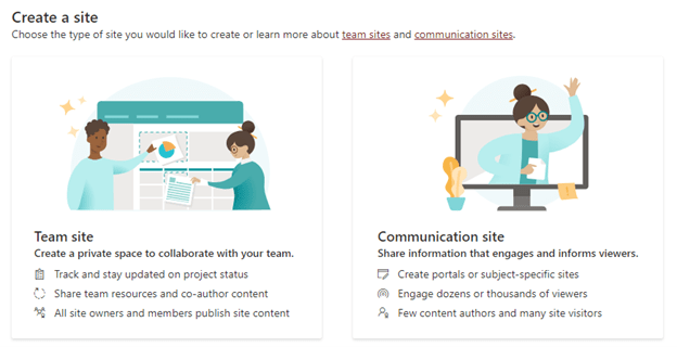 Chart that shows when to use a Team Site vs a Communication Site